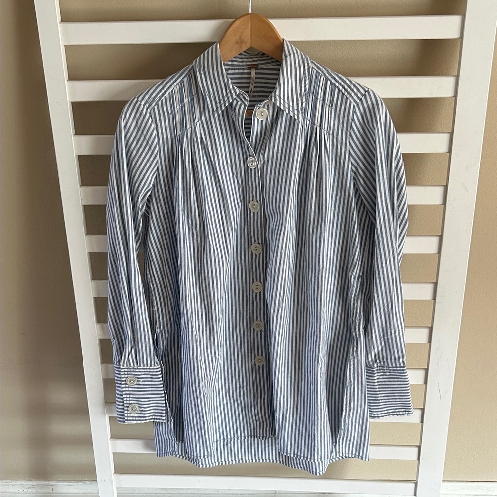 Free People Long Sleeve Oversized Button Down Blue and White Striped Shirt XS